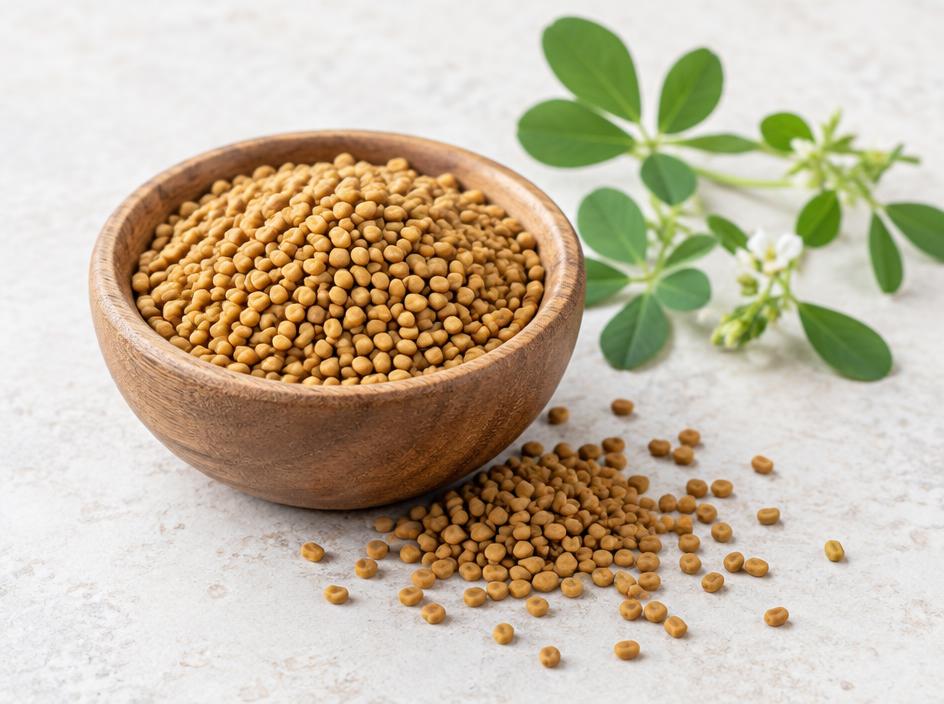 Fenugreek seeds in a wooden bowl